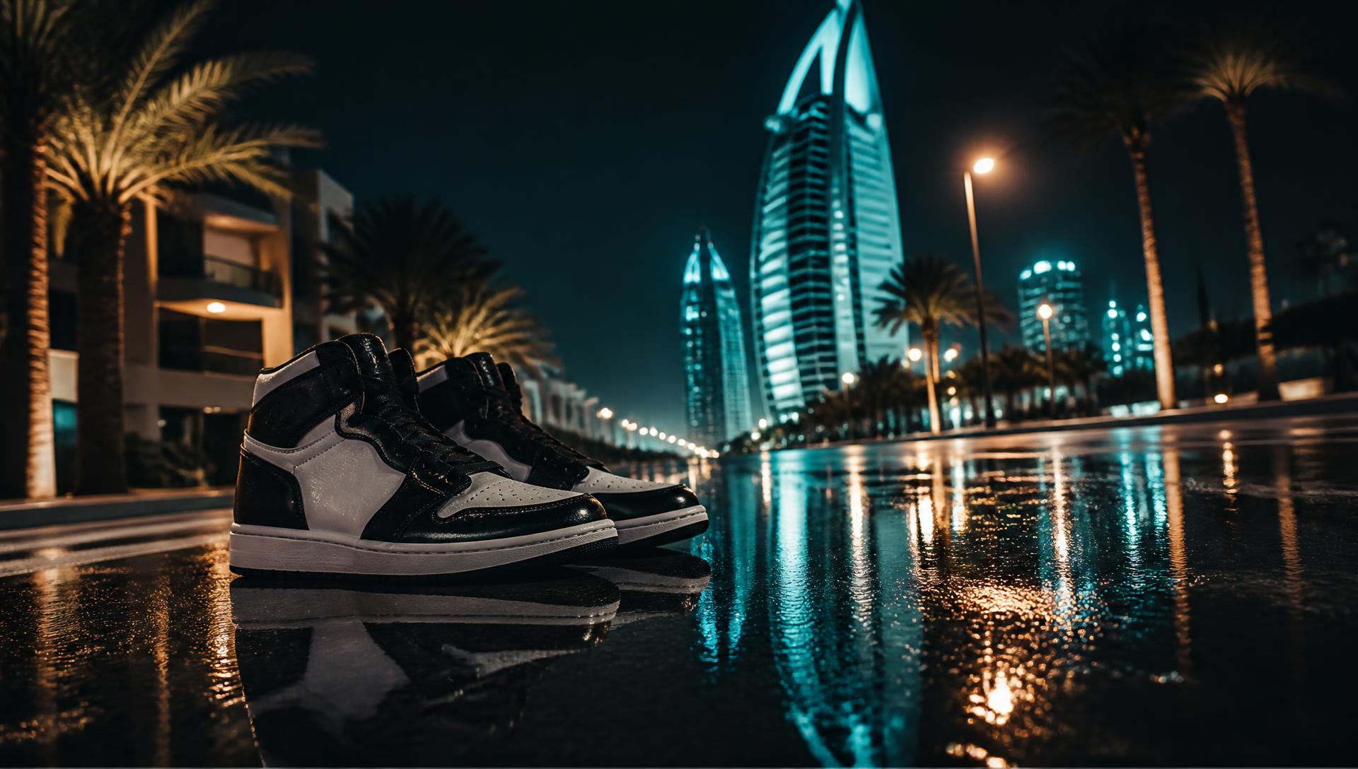 Black and white high-top sneakers on wet asphalt at night in Dubai