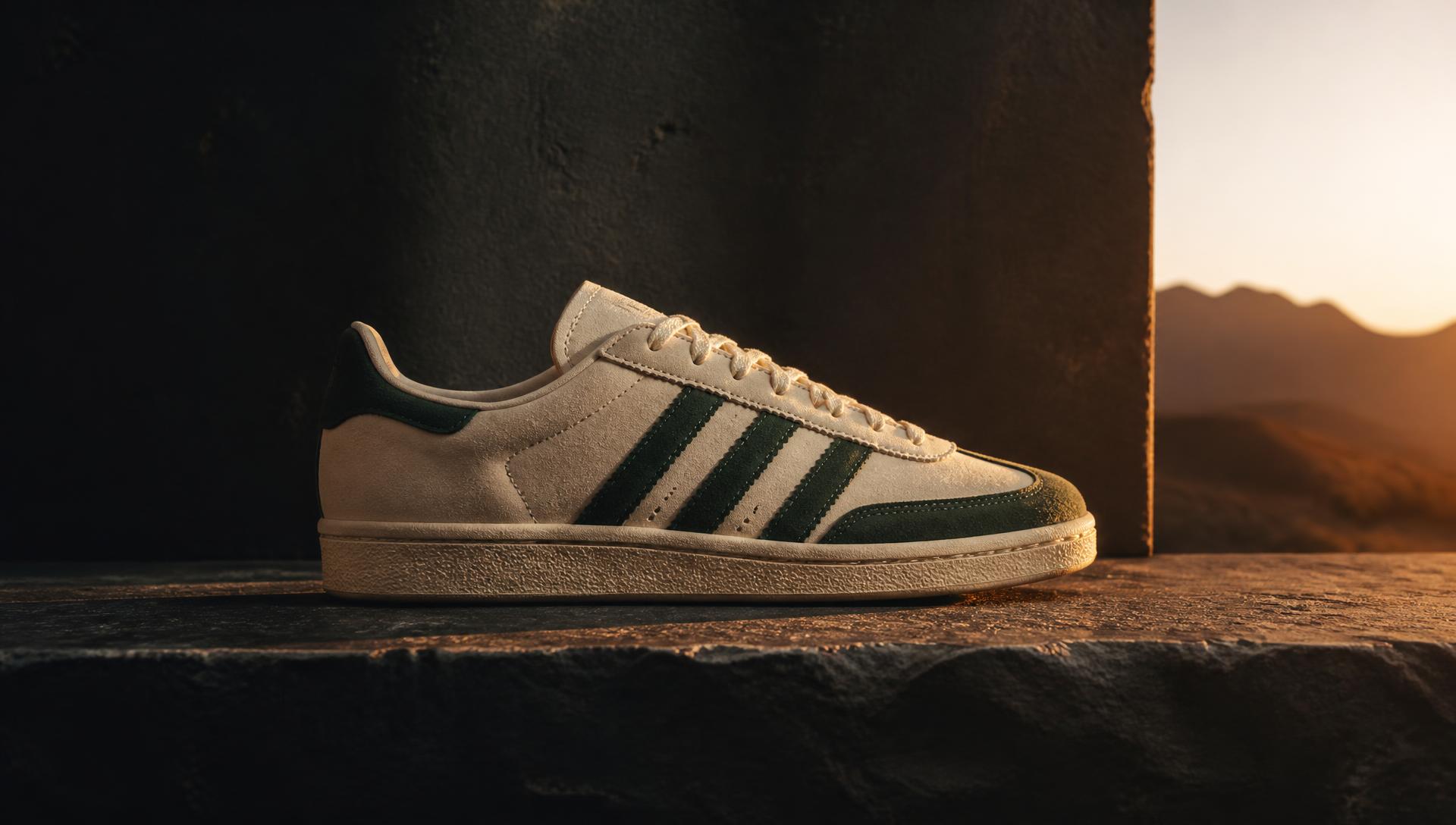 Cream and green suede terrace sneaker at golden hour